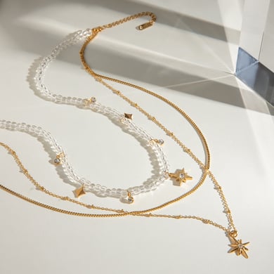 1 Stück Luxuriöse Serie Elegante Stern Edelstahl 18K vergoldet Strass Damen Anhänger Halsketten h5 