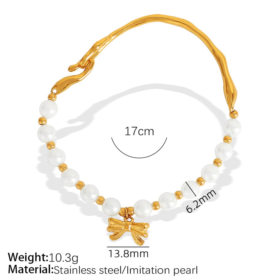 1 Piece Classic Series Retro Bow Knot Stainless Steel 18K Gold Plated Artificial Pearl Women Beaded Bracelets Picture2