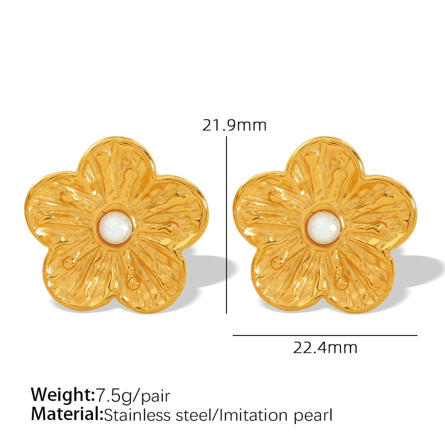 1 Pair Romantic Series Retro Flower Stainless Steel 18K Gold Plated Artificial Pearl Women Stud Earrings Picture2