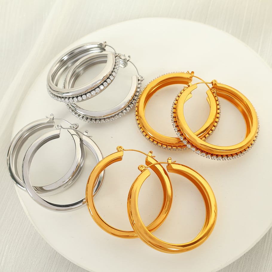 1 Pair Simple Series Classic Solid Color Stainless Steel 18K Gold Plated Zircon Women Hoop Earrings Picture2