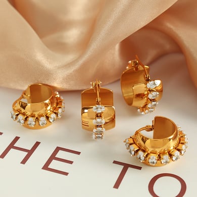1 Pair Simple Series Retro Geometric Stainless Steel 18K Gold Plated Zircon Women Hoop Earrings h5 