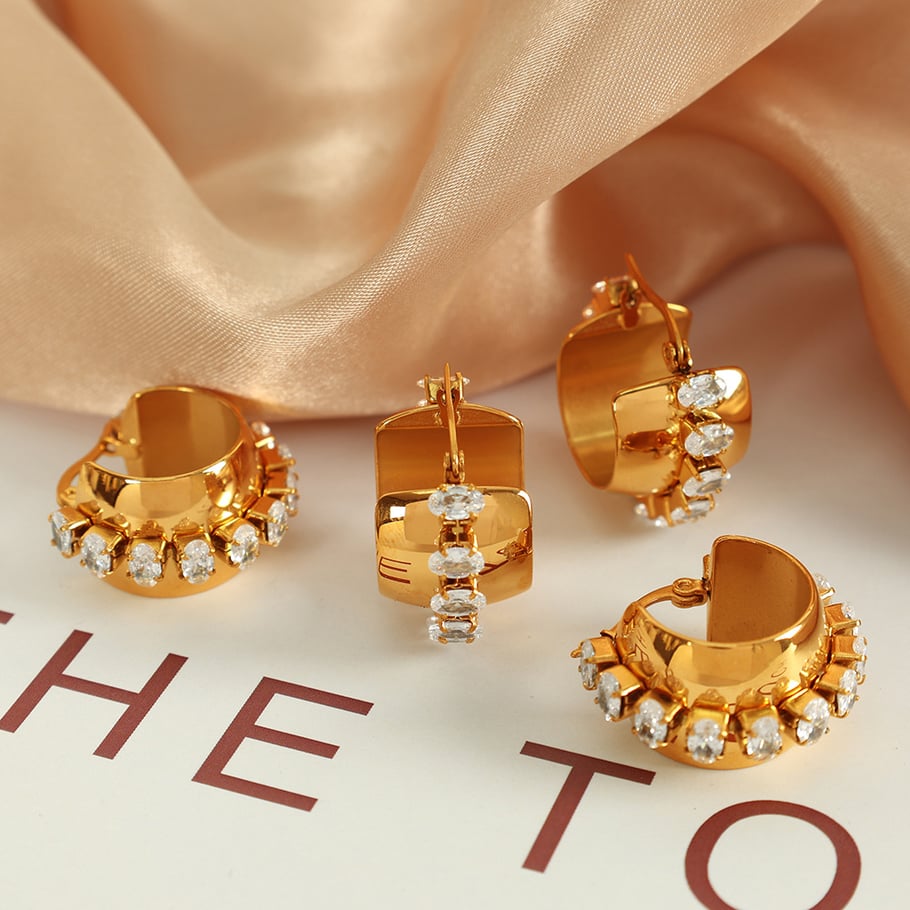 1 Pair Simple Series Retro Geometric Stainless Steel 18K Gold Plated Zircon Women Hoop Earrings 