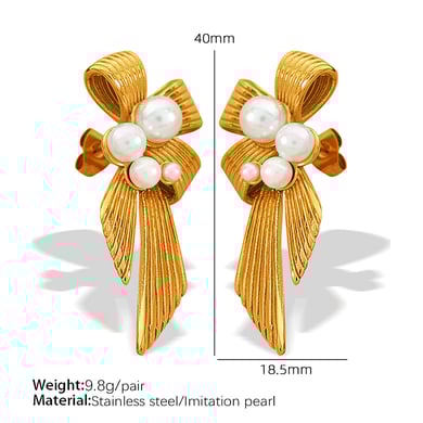 1 Pair Classic Series Retro Bow Knot Stainless Steel 18K Gold Plated Artificial Pearl Women Drop Earrings h5 Picture2
