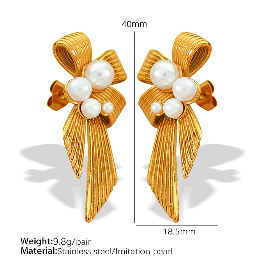 1 Pair Classic Series Retro Bow Knot Stainless Steel 18K Gold Plated Artificial Pearl Women Drop Earrings Picture2