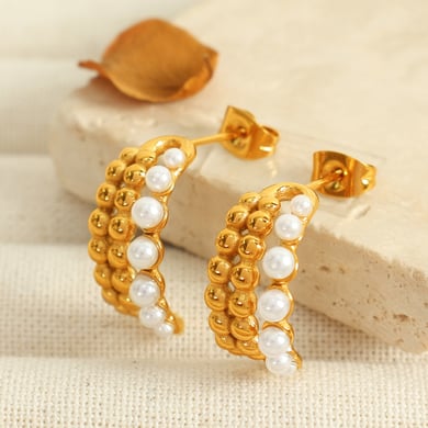 1 Pair Classic Series Retro Beads Stainless Steel 18K Gold Plated Artificial Pearl Women Hoop Earrings h5 