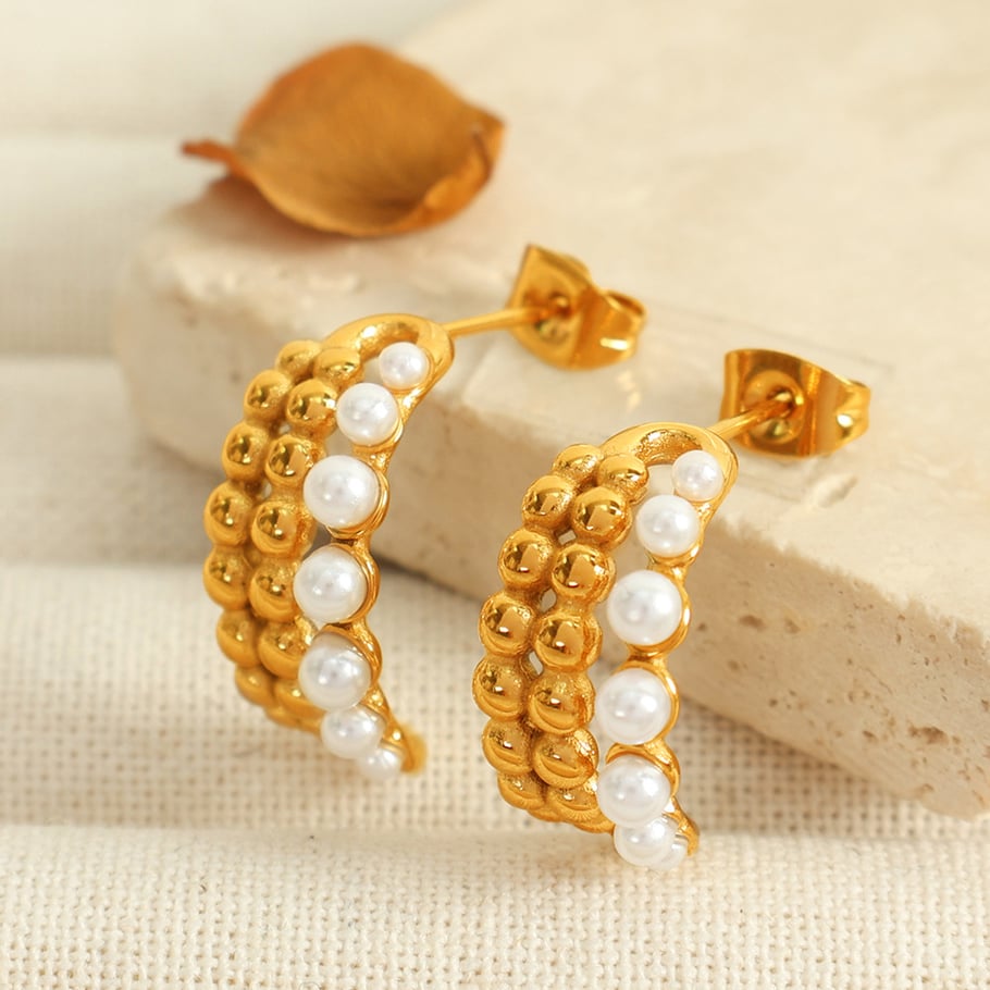 1 Pair Classic Series Retro Beads Stainless Steel 18K Gold Plated Artificial Pearl Women Hoop Earrings 