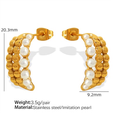 1 Pair Classic Series Retro Beads Stainless Steel 18K Gold Plated Artificial Pearl Women Hoop Earrings h5 Picture2