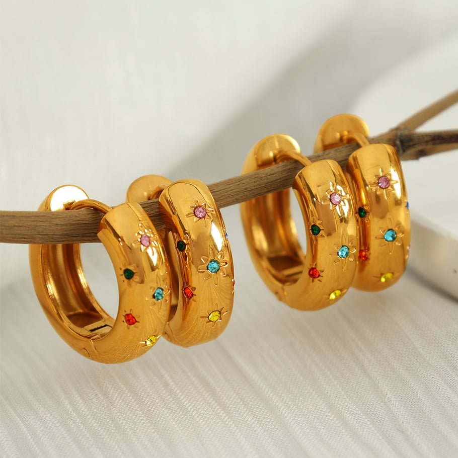 1 Pair Simple Series Retro Geometric Stainless Steel 18K Gold Plated Rhinestone Women Hoop Earrings 