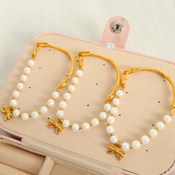 Pulseras de cuentas para mujer de acero inoxidable chapado en Color dorado de 18 quilates con perlas artificiales y lazo retro de serie clásica de 1 pieza