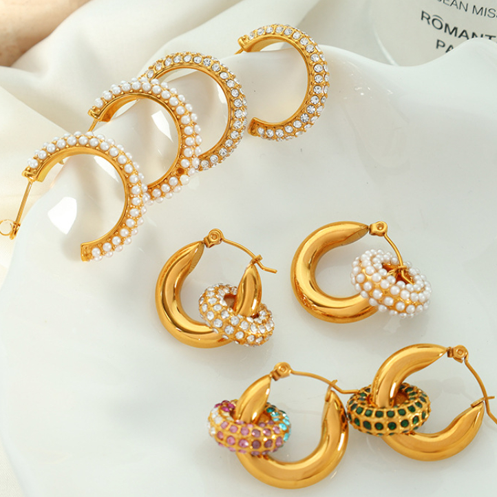 1 Pair Luxurious Series Retro Geometric Stainless Steel 18K Gold Plated Zircon Women Hoop Earrings Picture2