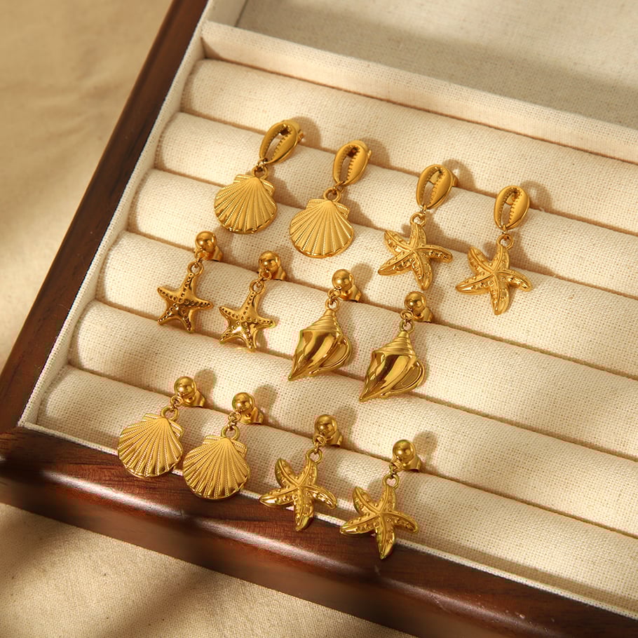 1 Paar stilvolle, klassische Ohrringe mit Seestern-Muschel-Anhänger aus 18 Karat vergoldetem Edelstahl für Damenschmuck zum täglichen Tragen Bild2