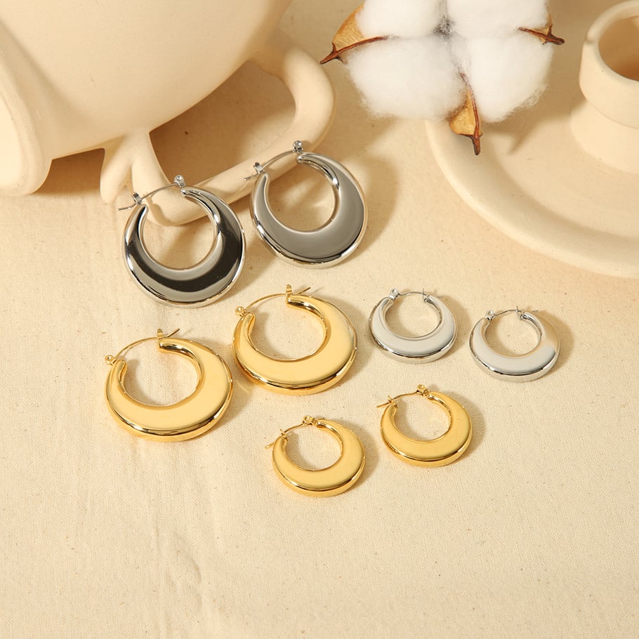 1 pair of simple classic 18k gold stainless steel smooth flat hollow earrings for women jewelry daily wear Picture2