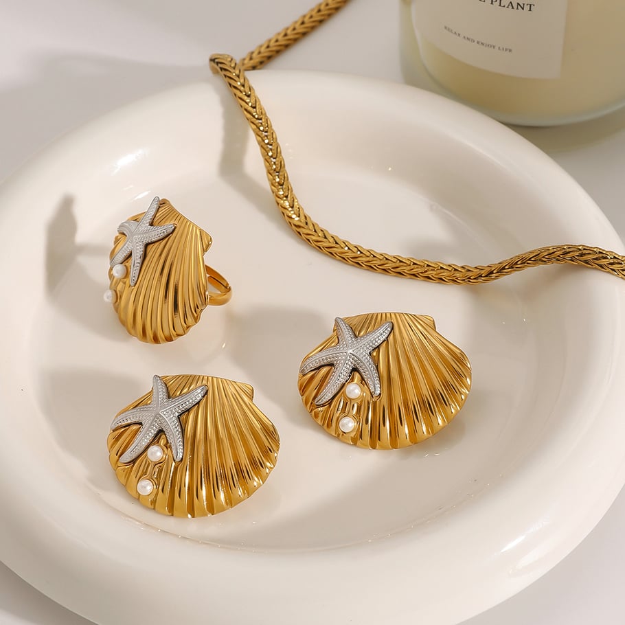 1 Pair Romantic Series Natural shell Stainless Steel 18K Gold Plated Artificial Pearl Women Stud Earrings 