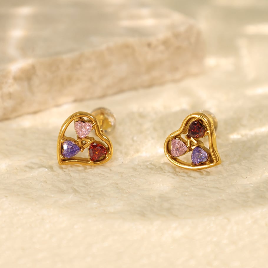 1 Pair Classic Series Trendy Heart Titanium Steel 18K Gold Color Plated Zircon Women's Stud Earrings 