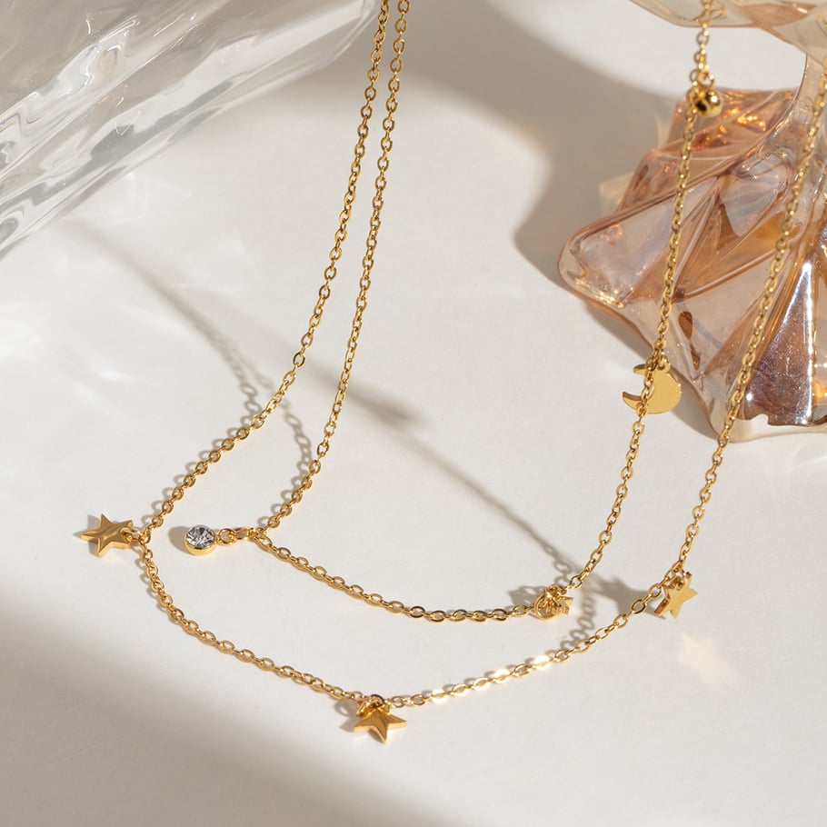1 Piece Simple Series Elegant Sun/Moon Stainless Steel 18K Gold Plated Rhinestone Women Layered Necklaces 