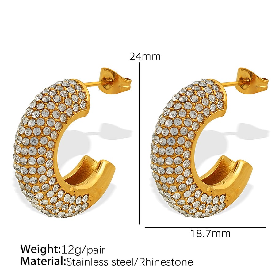 1 pair luxurious series simple geometric stainless steel  gold color plated rhinestone women's hoop earrings Picture2