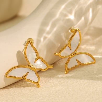 1 Pair Romantic Series Natural Butterfly Titanium Steel 18K Gold Color Plated Shell Women's Stud Earrings h5 