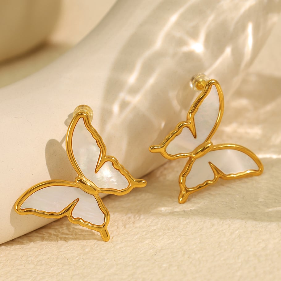 1 Pair Romantic Series Natural Butterfly Titanium Steel 18K Gold Color Plated Shell Women's Stud Earrings 