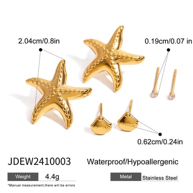 1 Paar Ohrringe-Set „Romantic Series Daily“ mit Seesternen aus Edelstahl, 18 Karat vergoldet, Strasssteine h5 Bild2
