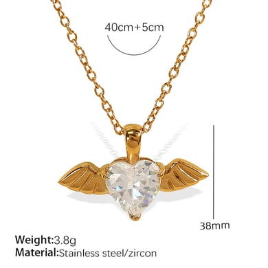 1 Piece Luxurious Series Elegant Heart Wings Titanium Steel 18K Gold Color Plated Rhinestone Women's Pendant Necklaces h5 Picture2