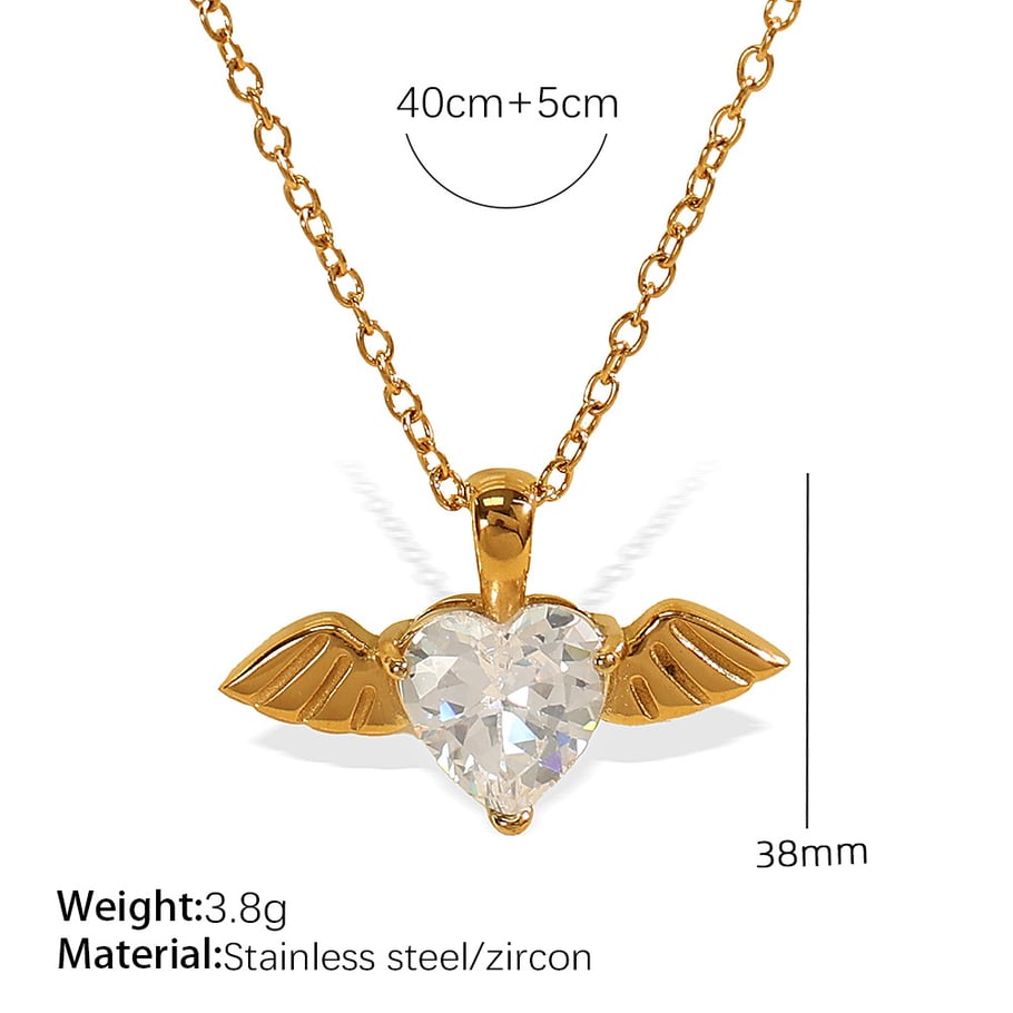 1 Piece Luxurious Series Elegant Heart Wings Titanium Steel 18K Gold Color Plated Rhinestone Women's Pendant Necklaces Picture2