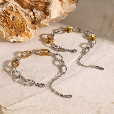 1 Pair Retro Hong Kong style exquisite bracelet for girls 18k gold stainless steel gold and silver color matching O-style hammer pattern thick chain bracelet women's chain bracelet h5 