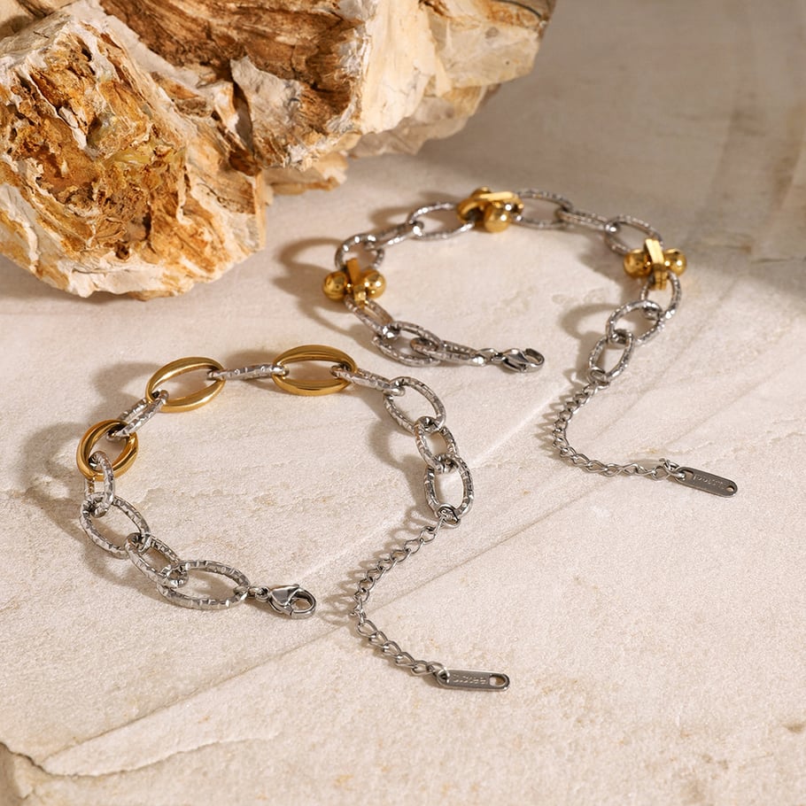 1 Pair Retro Hong Kong style exquisite bracelet for girls 18k gold stainless steel gold and silver color matching O-style hammer pattern thick chain bracelet women's chain bracelet 