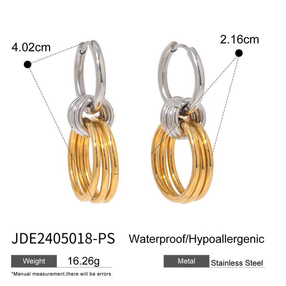 18K Gold Edelstahl Ohrringe Farbe passender polierter Stahlring hängend drei Goldringe Titan Stahl Ohrringe Bild2