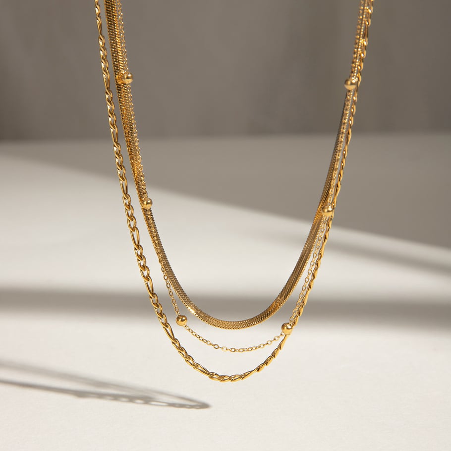 1 Stück Simple Series Klassische ringförmige Edelstahl-Mehrfachkette für Damen, 18 Karat vergoldet 
