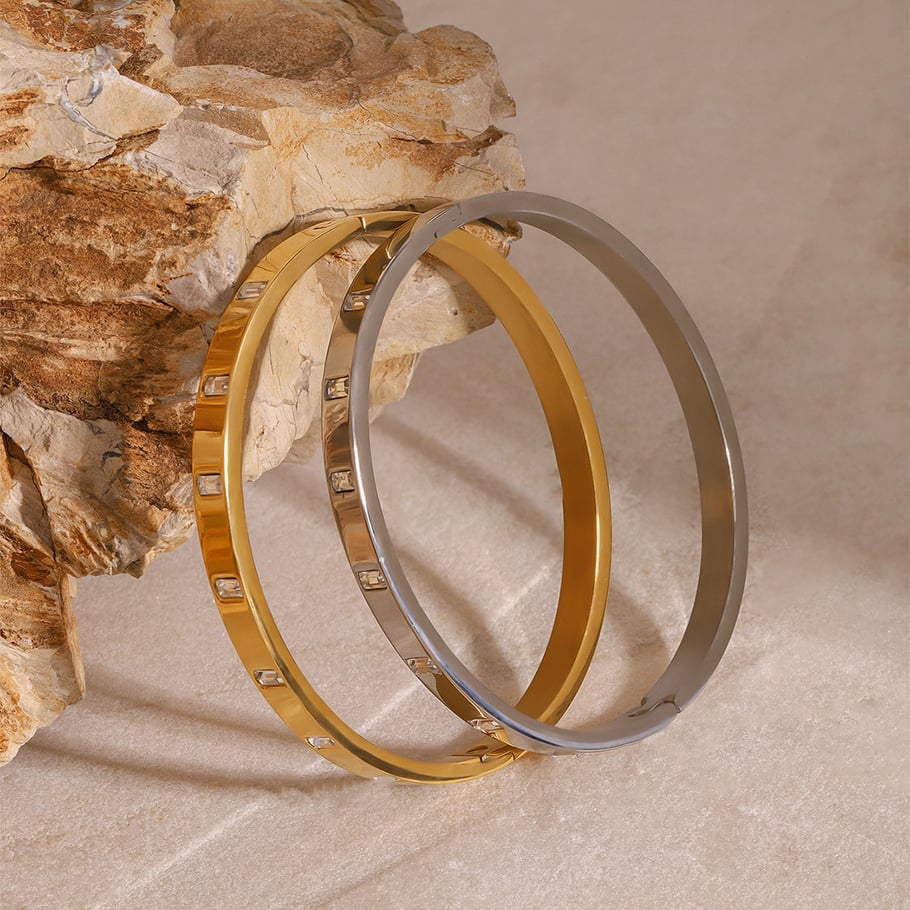 1 Piece Simple Series Casual Annular Stainless Steel 18K Gold Plated Rhinestone Women Bangles Picture2