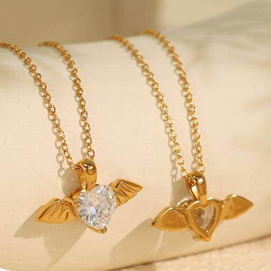 1 Piece Luxurious Series Elegant Heart Wings Titanium Steel 18K Gold Color Plated Rhinestone Women's Pendant Necklaces h5 