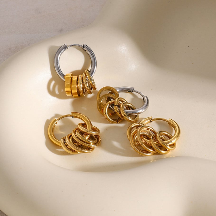 18K gold stainless steel earrings color matching polished steel ring hanging five small gold rings titanium steel earrings Picture2