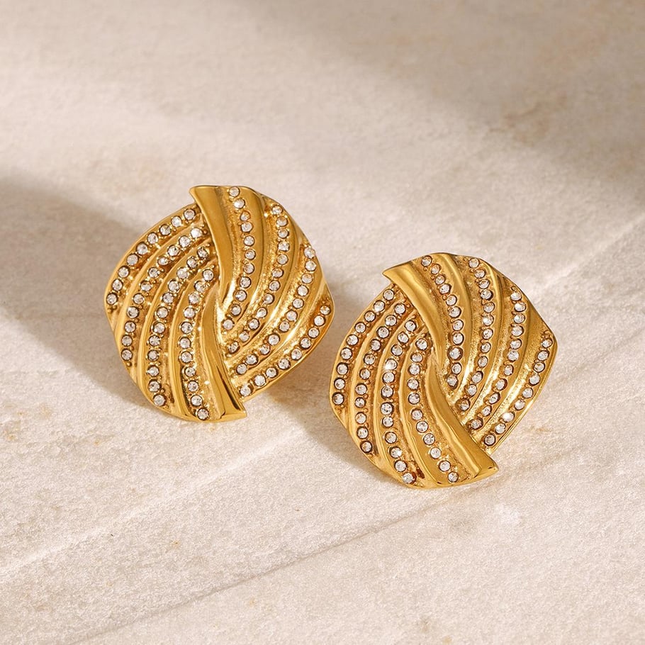 1 Pair Simple Series Daily quadrilateral Stainless Steel 18K Gold Plated Rhinestone Women Stud Earrings 