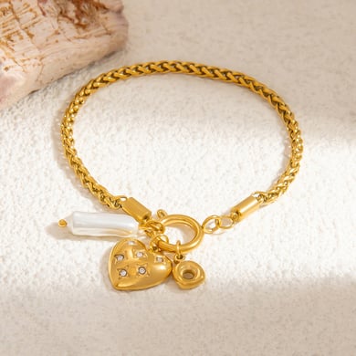 1 Stück Romantische Serie Elegantes Herz Edelstahl 18 Karat vergoldet Kunstperle Damen Charm Armbänder h5 