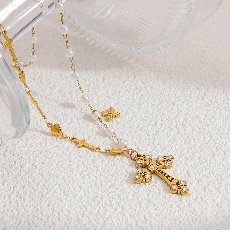 1 Piece Classic Series Daily Cross Stainless Steel 18K Gold Color Plated Artificial Pearl Women's Pendant Necklaces 