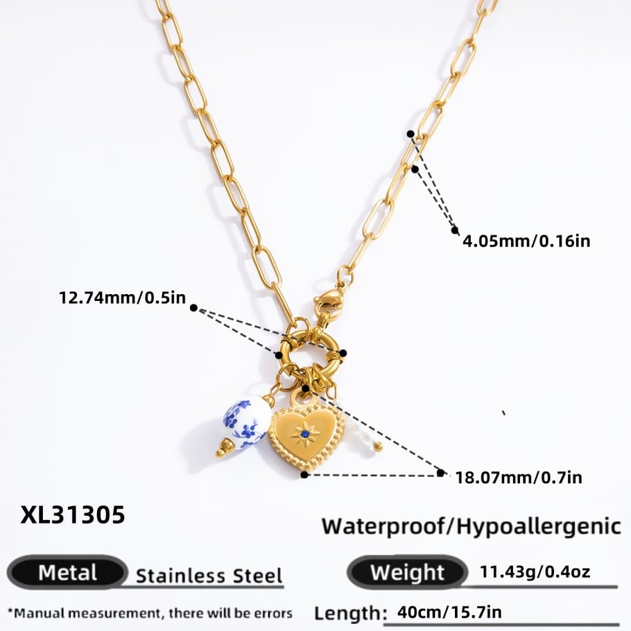 1 Piece Classic Series Porcelainous Heart Random Letters Stainless Steel Gold Color Artificial Pearl Women's Pendant Necklaces Picture2