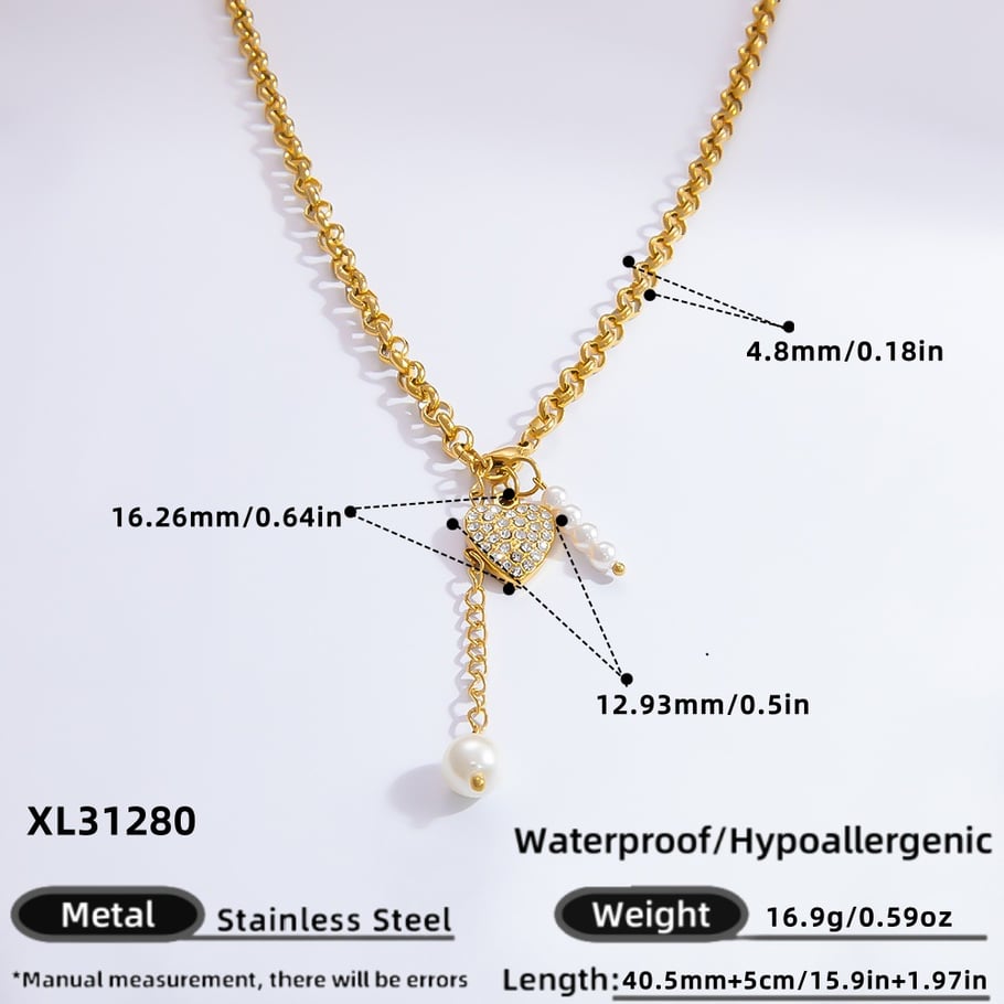 1 Stück Luxuriöse Serie Elegante Herz Edelstahl 18 Karat vergoldet Kunstperle Damen Anhänger Halsketten Bild2
