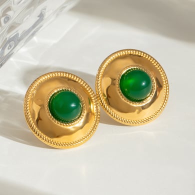 1 Pair Trendy Series Chic Annular Stainless Steel Gold Color Natural Stone Women's Stud Earrings h5 