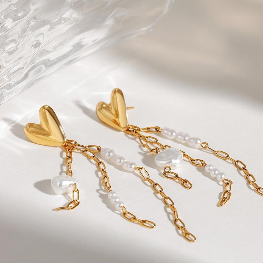 1 Pair Luxurious Series Sweet Heart Tassel Exquisite Stainless Steel Gold Color Women's Drop Earrings 