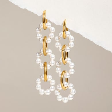 1 Pair Luxurious Series Elegant Circular Stainless Steel Gold Color Women's Beaded Drop Earrings h5 