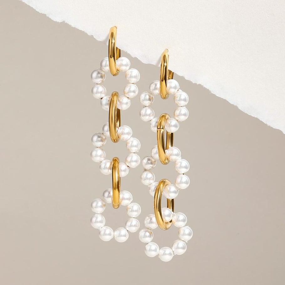 1 Pair Luxurious Series Elegant Circular Stainless Steel Gold Color Women's Beaded Drop Earrings 