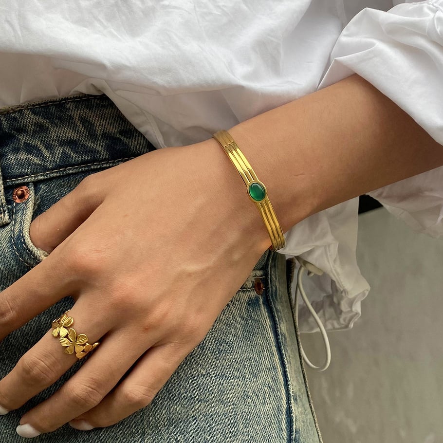 1 Piece Stylish Series Retro Geometric Stainless Steel Gold Color Natural Stone Women's Bangles
