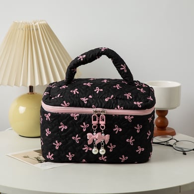 1 Piece Stylish Bowknot Portable Large Capacity Beauty Case With Random Printing Design Women's Black Cosmetic Bags h5 Picture2