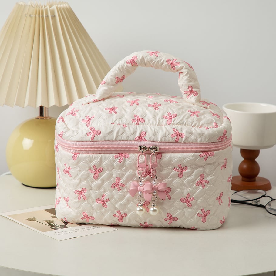 1 Piece Stylish Bowknot Portable Large Capacity Beauty Case With Random Printing Design Women's Pink Cosmetic Bags Picture2