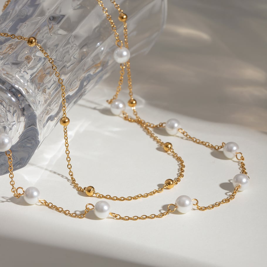 1 Piece Luxurious Series Elegant Beads Stainless Steel 18K Gold Plated Women Layered Necklaces 