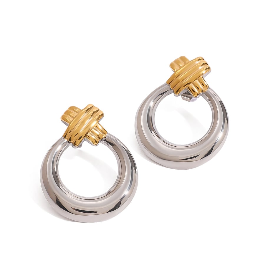 1 par de aretes tipo botón de acero inoxidable anulares de serie moderna para uso diario, en colores combinados dorado y plateado, para mujer Imagen5