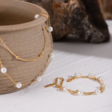 Pulseras de cuentas de acero inoxidable de color dorado para mujer, serie lujosa de 1 pieza, con cuentas clásicas h5 Imagen4