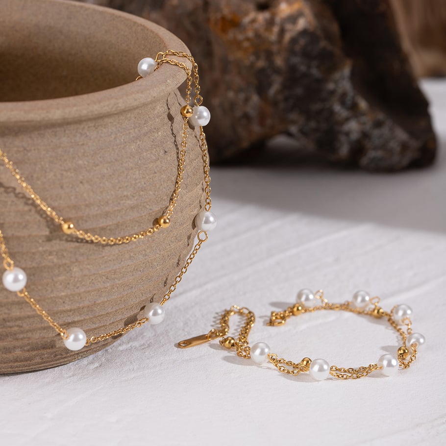 Pulseras de cuentas de acero inoxidable de color dorado para mujer, serie lujosa de 1 pieza, con cuentas clásicas Imagen4