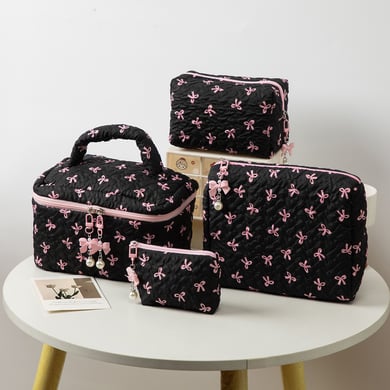 1 Piece Stylish Bowknot Portable Large Capacity Beauty Case With Random Printing Design Women's Black Cosmetic Bags h5 