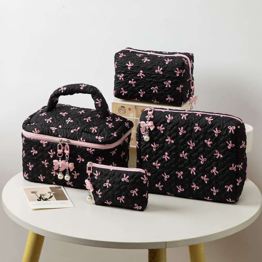1 Piece Stylish Bowknot Portable Large Capacity Beauty Case With Random Printing Design Women's Black Cosmetic Bags 